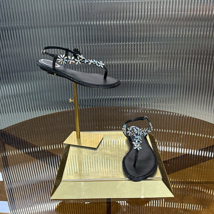 RENE CAOVILLA 26S EMBELLISHED THONG SANDALS IN BLACK LAMBSKIN