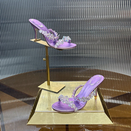 RENE CAOVILLA 26S HEEL SANDALS 75 MM IN PURPLE LAMBSKIN WITH CRYSTAL