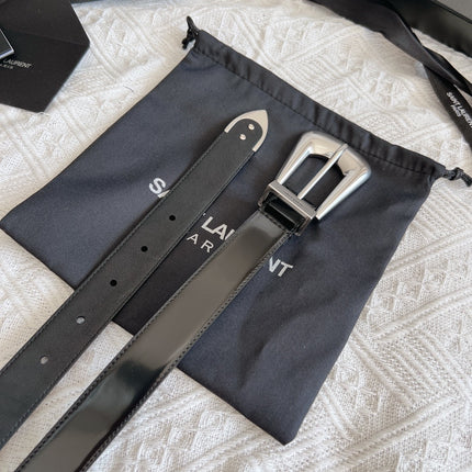 YSL 25S BELT 25 MM IN BLACK GLOSSY CALFSKIN 558366