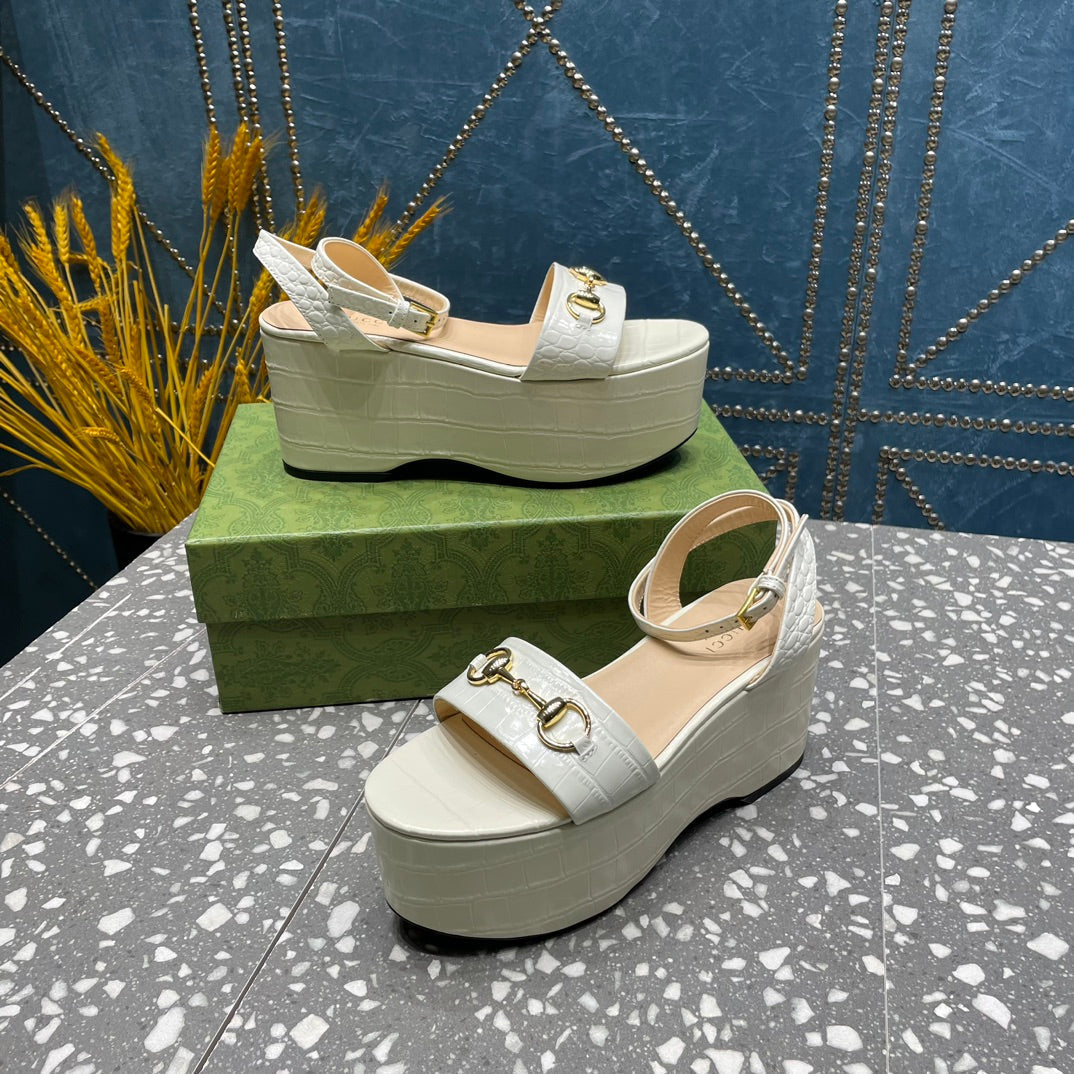 GG  HORSEBIT FLATFORM SANDAL GLOSSY WHITE CALFSKIN