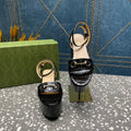 GG  HORSEBIT FLATFORM SANDAL GLOSSY BLACK CALFSKIN