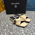 BALMAIN 26S CROSS-STRAP SLIDES IN BEIGE CALFSKIN