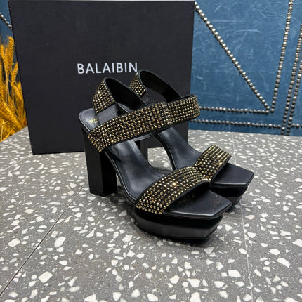 BALMAIN 26S HIGH-HEELED SANDALS 105 MM IN BLACK CALFSKIN WITH GOLD STONE EMBELLISHED