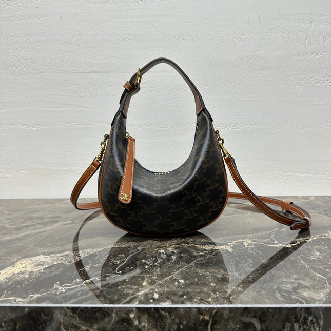 CELINE 25S TEEN LULU BAG 24 IN BLACK TRIOMPHE CANVAS AND BROWN CALFSKIN TRIM