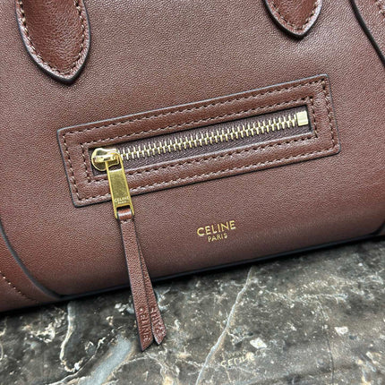 CELINE 25S NEW LUGGAGE 38MM IN CHOCOLATE BROWN  SHINY LAMBSKIN GOLD HARDWARE