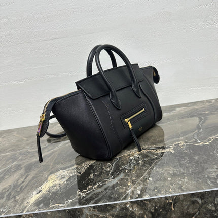 CELINE 25S NEW LUGGAGE 38MM IN BLACK SHINY LAMBSKIN GOLD HARDWARE