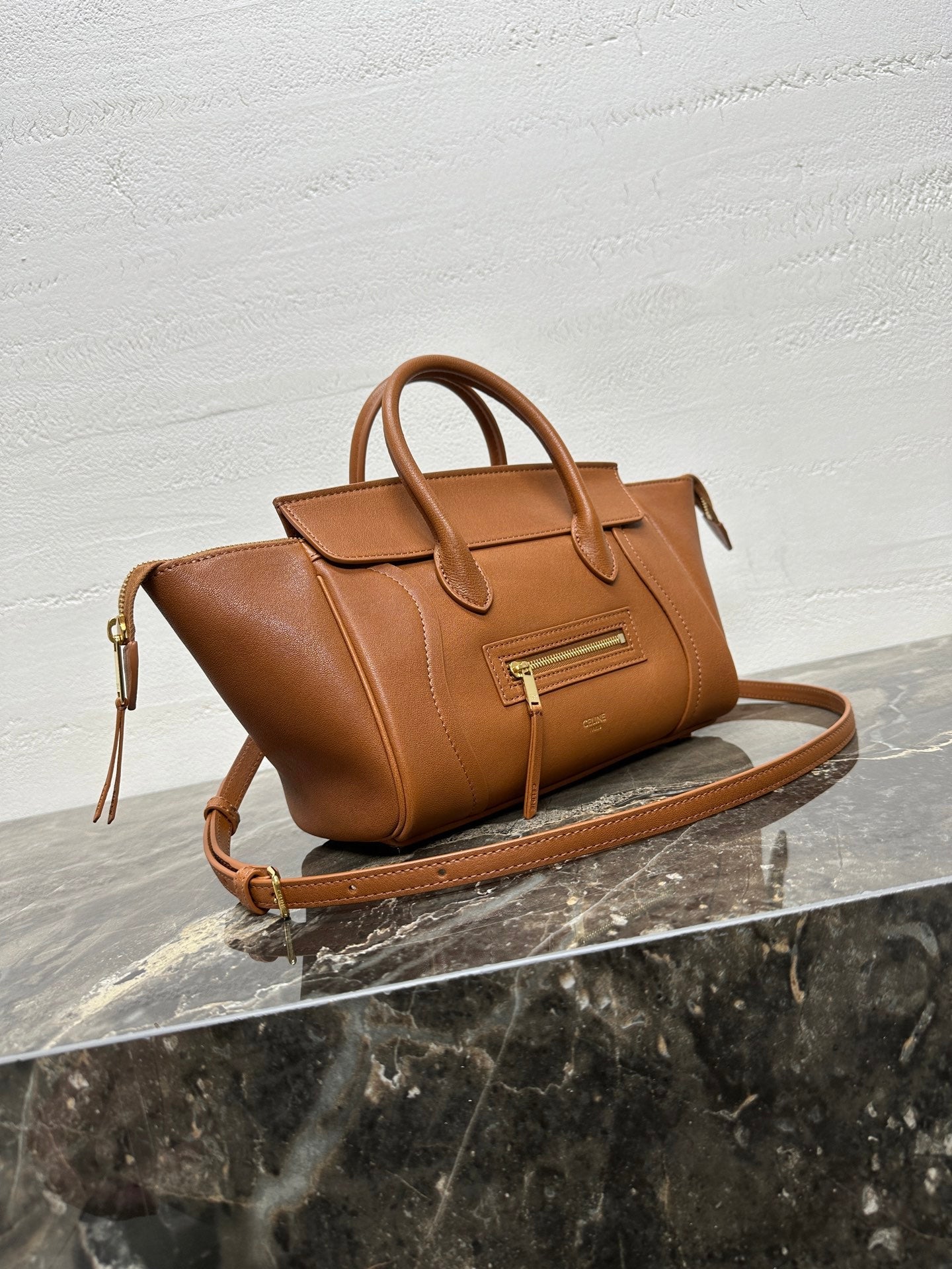CELINE 25S NEW LUGGAGE 38MM IN TAN BROWN LAMBSKIN GOLD HARDWARE