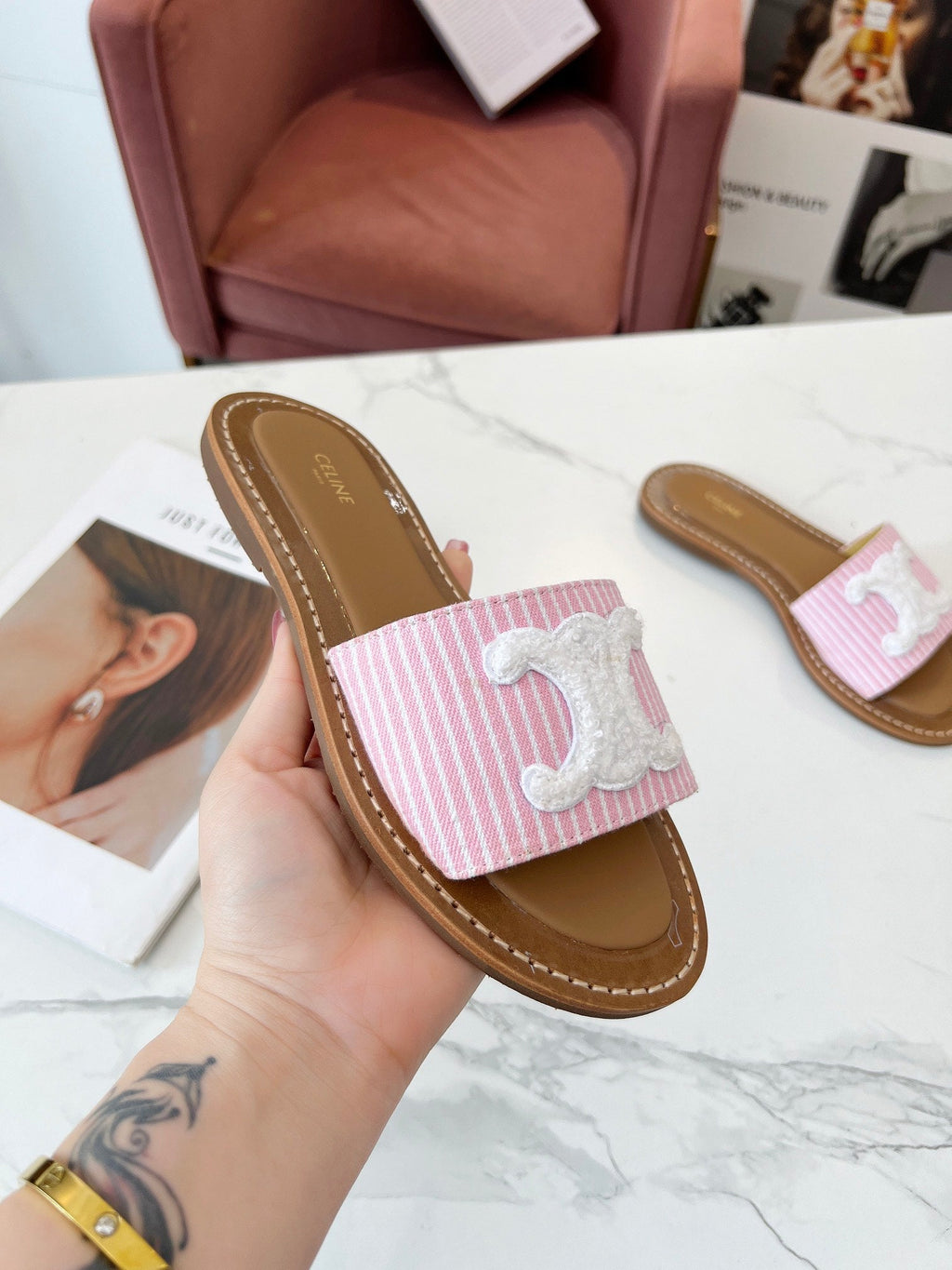 LYMPIA MULE STRIPED LIGHT PINK CANVAS WOOL LOGO