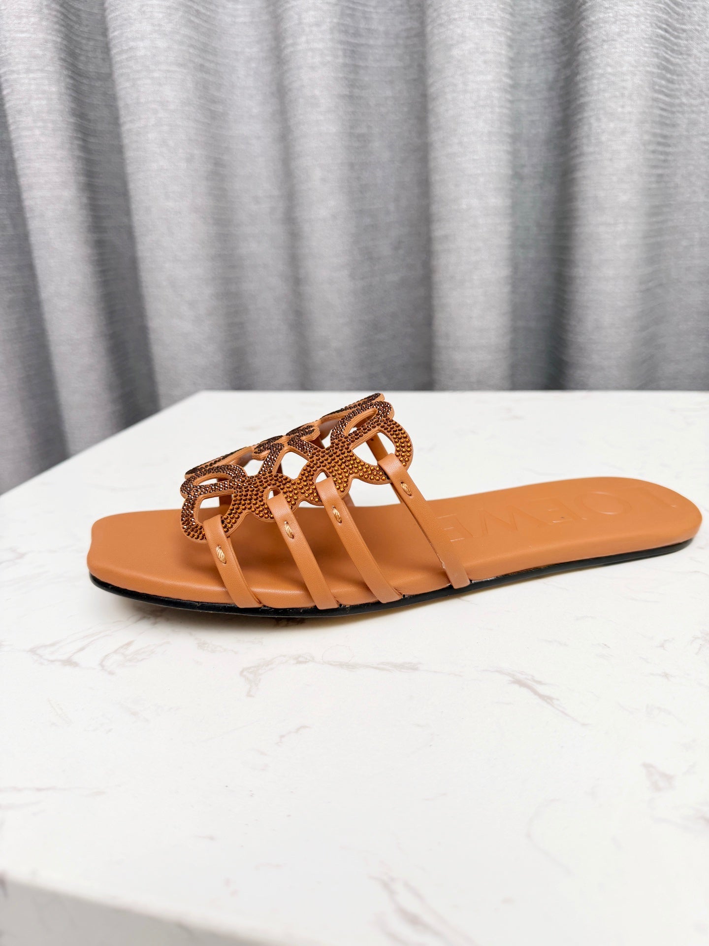 LOEWE 26S FLAT SANDALS IN BURNT ORANGE CALFSKIN WITH CRYSTALS