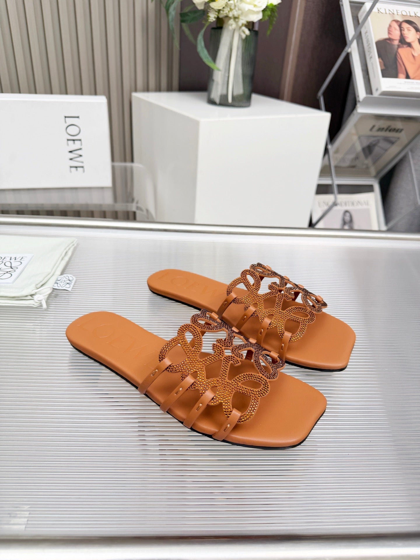 LOEWE 26S FLAT SANDALS IN BURNT ORANGE CALFSKIN WITH CRYSTALS