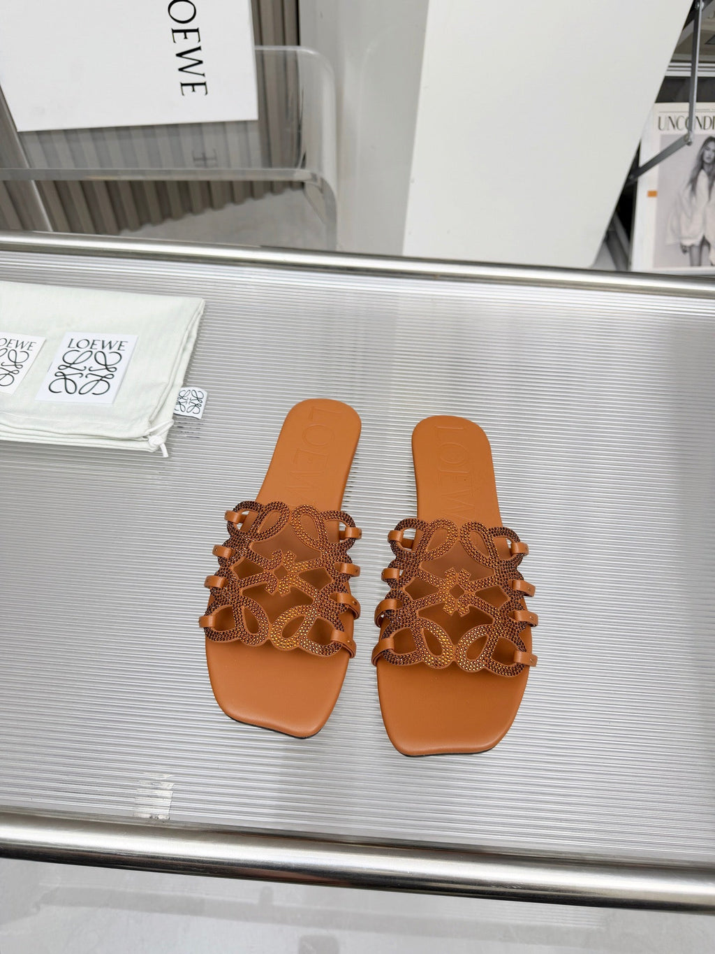 LOEWE 26S FLAT SANDALS IN BURNT ORANGE CALFSKIN WITH CRYSTALS