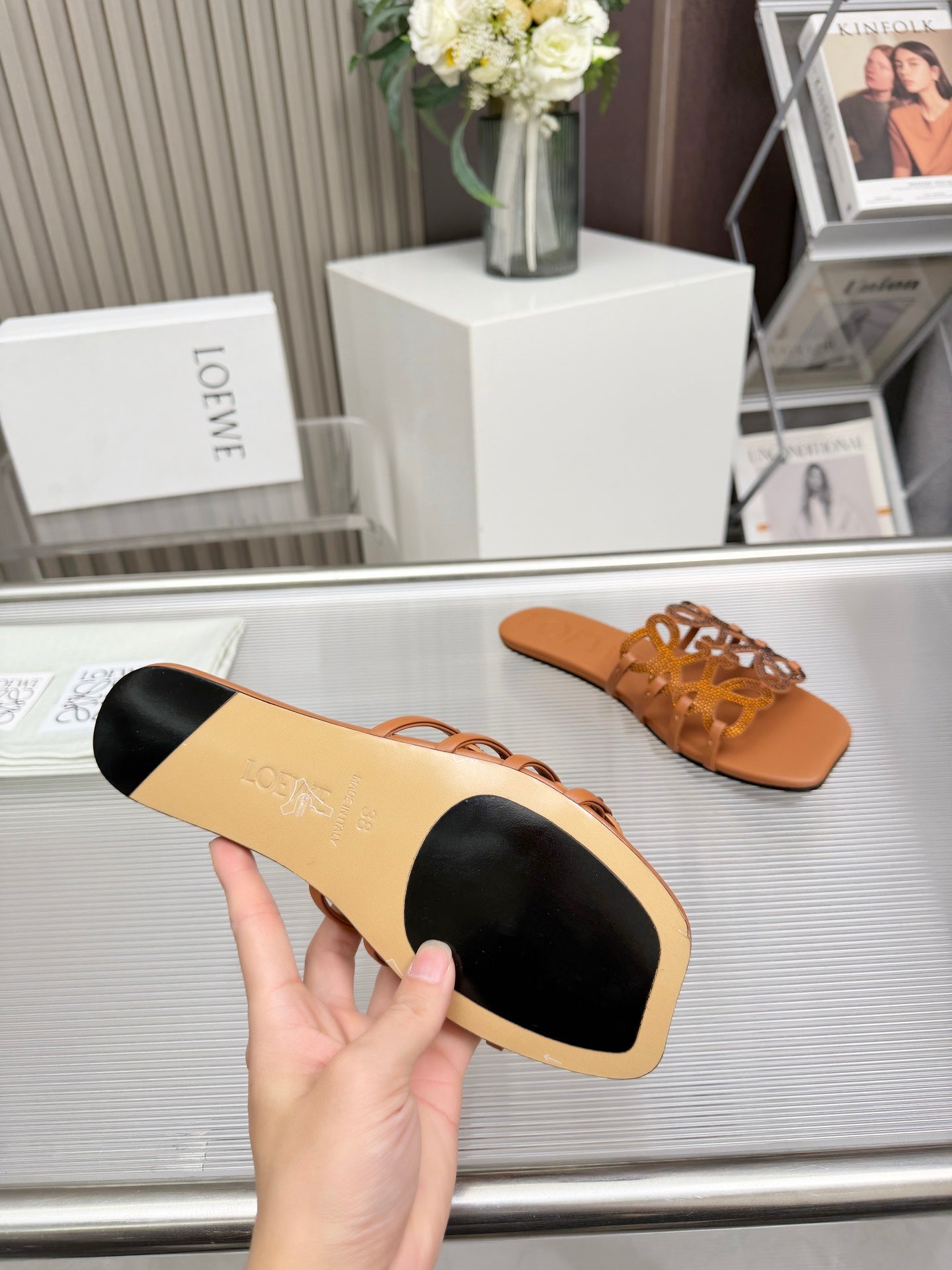 LOEWE 26S FLAT SANDALS IN BURNT ORANGE CALFSKIN WITH CRYSTALS