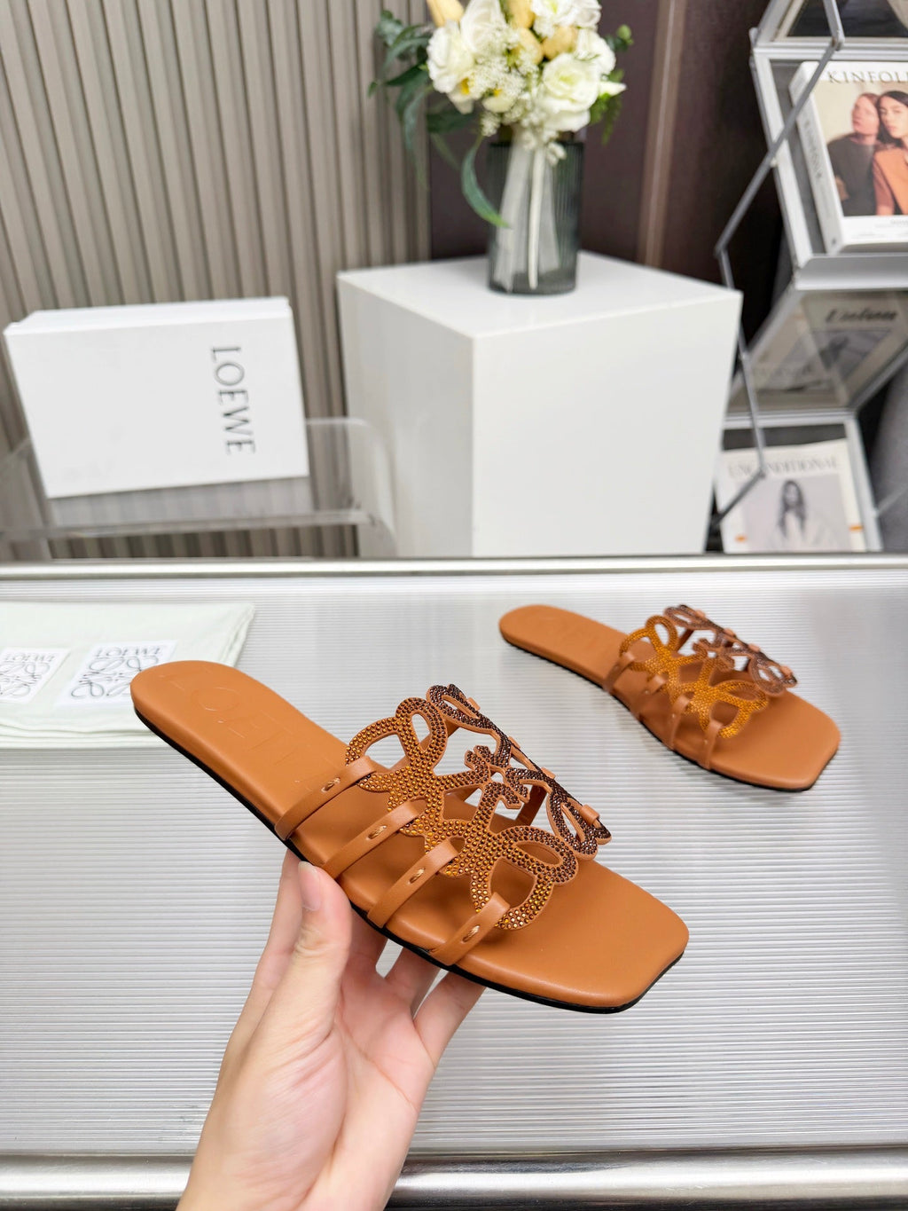 LOEWE 26S FLAT SANDALS IN BURNT ORANGE CALFSKIN WITH CRYSTALS