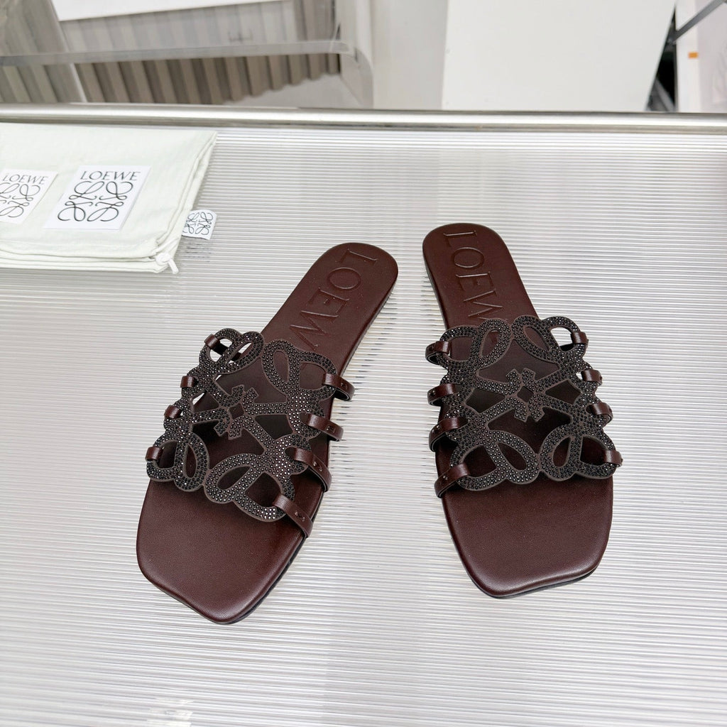 LOEWE 26S FLAT SANDALS IN DARK BROWN CALFSKIN WITH CRYSTALS