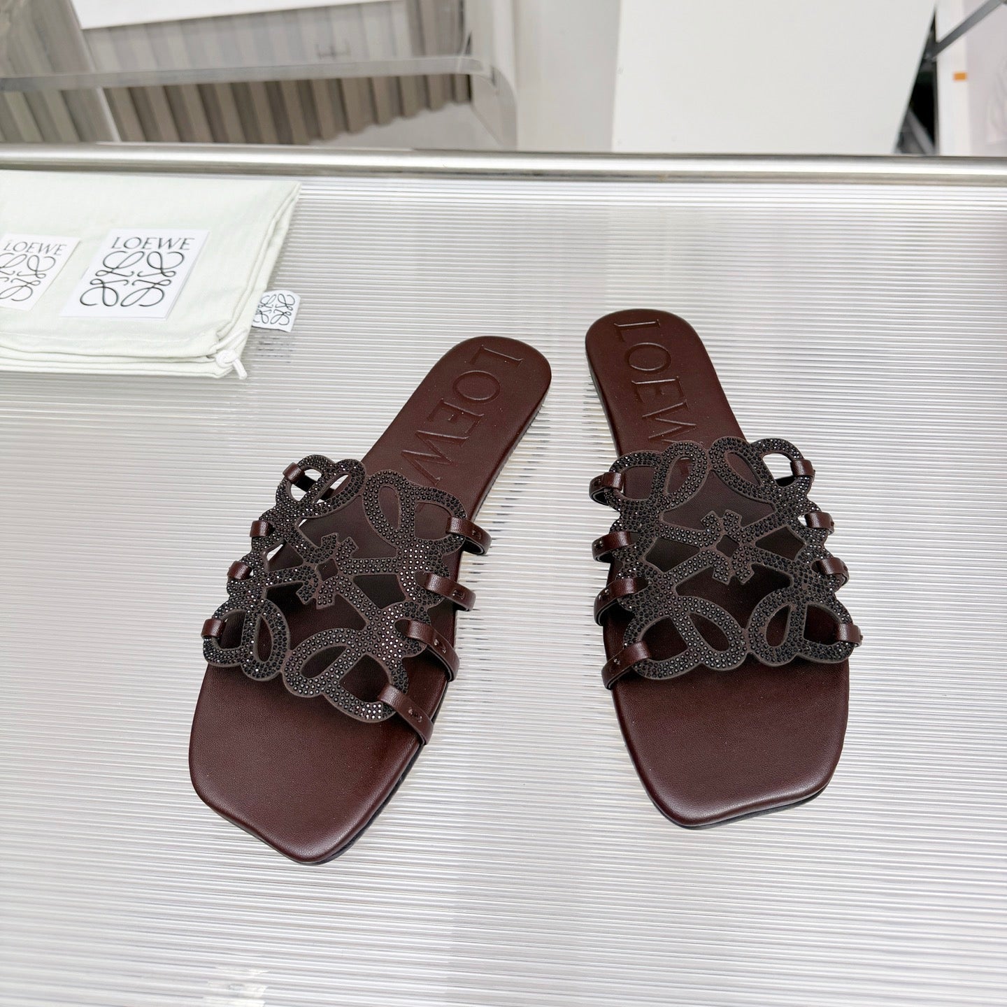 LOEWE 26S FLAT SANDALS IN DARK BROWN CALFSKIN WITH CRYSTALS