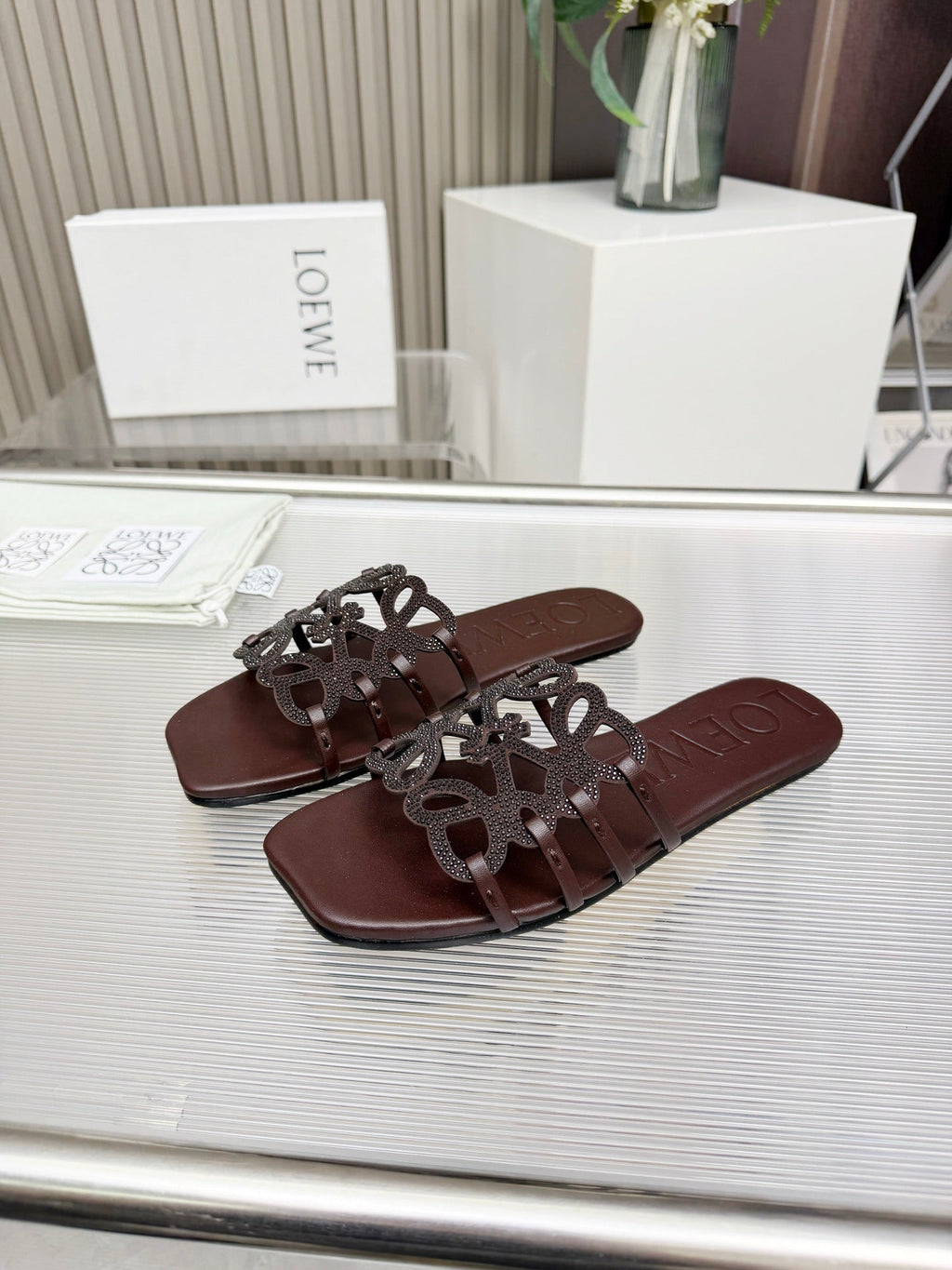 LOEWE 26S FLAT SANDALS IN DARK BROWN CALFSKIN WITH CRYSTALS