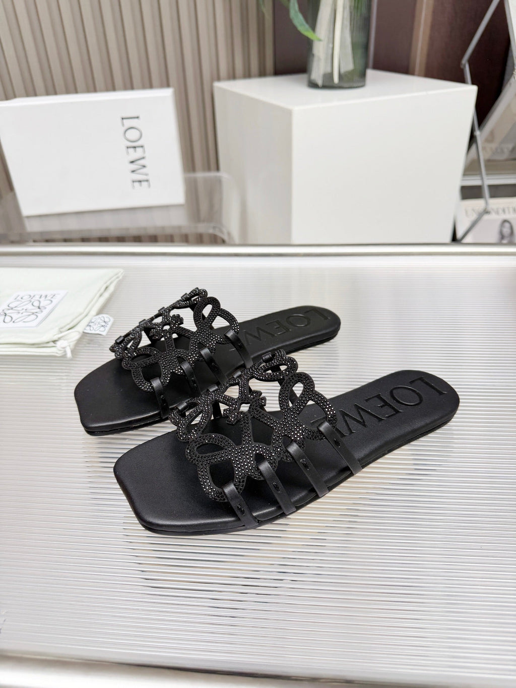 LOEWE 26S FLAT SANDALS IN BLACK CALFSKIN WITH CRYSTALS