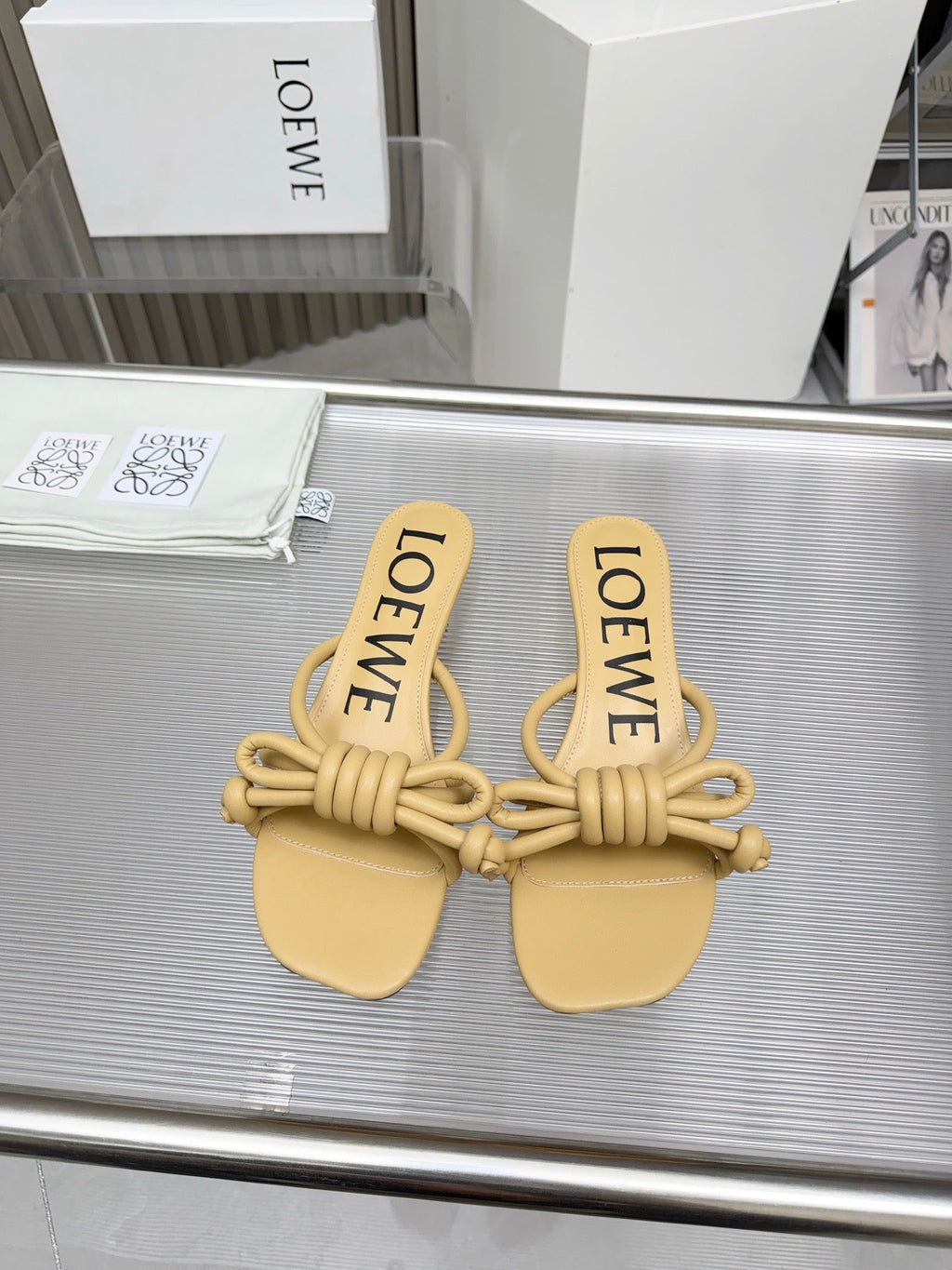 LOEWE 26S KITTEN HEEL KNOT SANDALS 45MM IN WARM BEIGE CALFSKIN