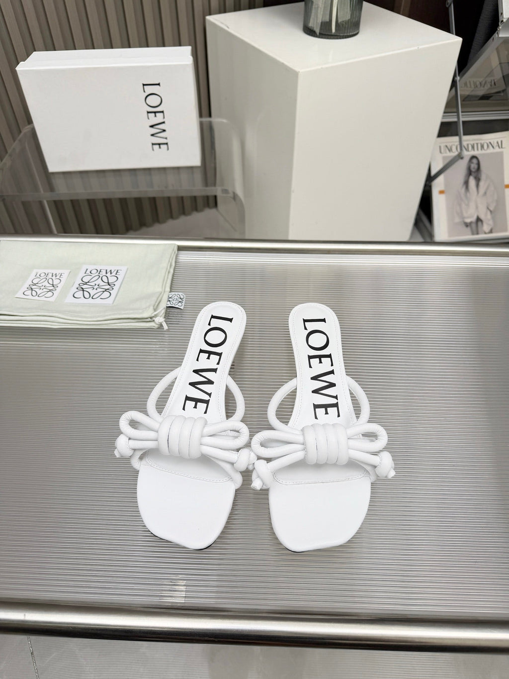 LOEWE 26S KITTEN HEEL KNOT SANDALS 45MM IN WHITE CALFSKIN