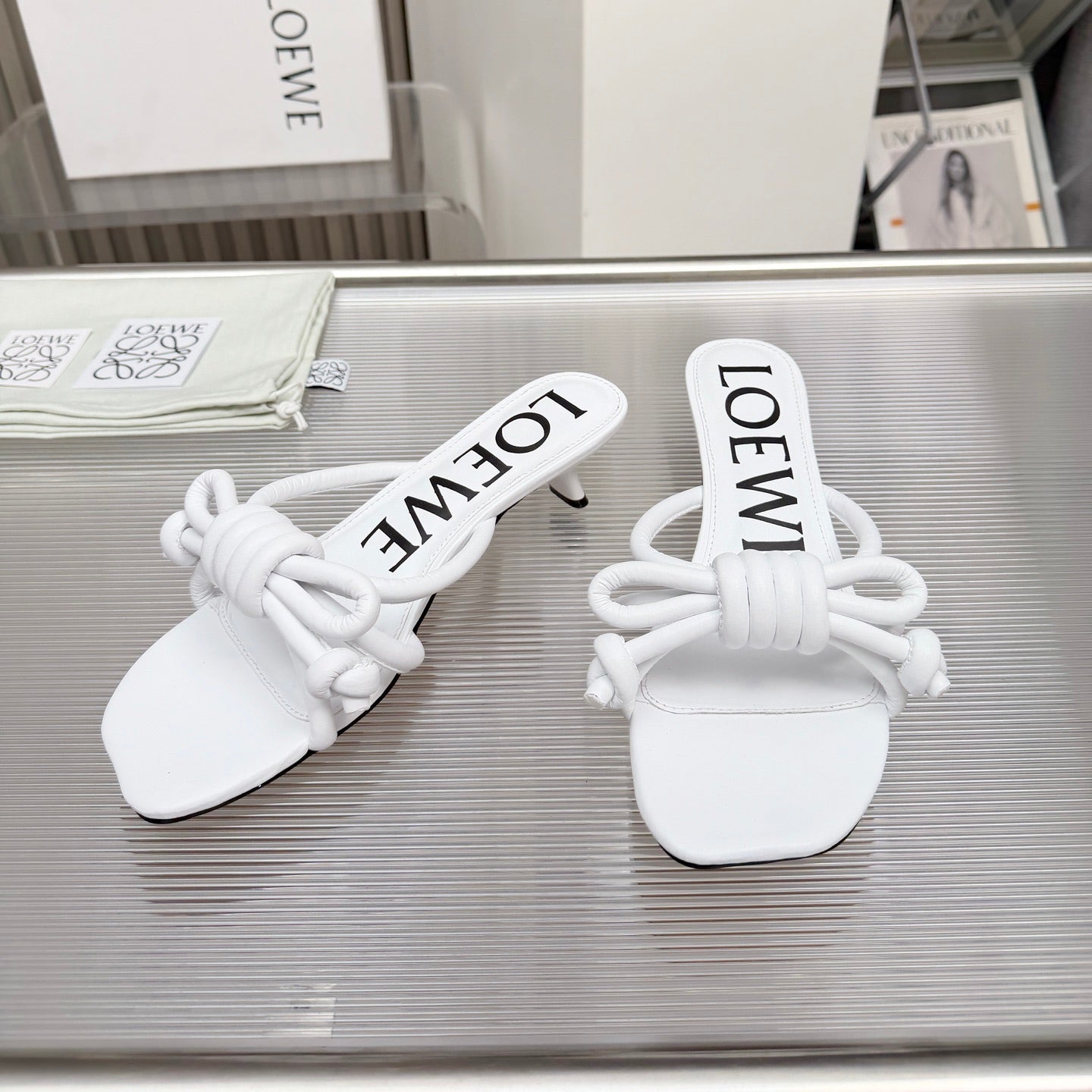 LOEWE 26S KITTEN HEEL KNOT SANDALS 45MM IN WHITE CALFSKIN