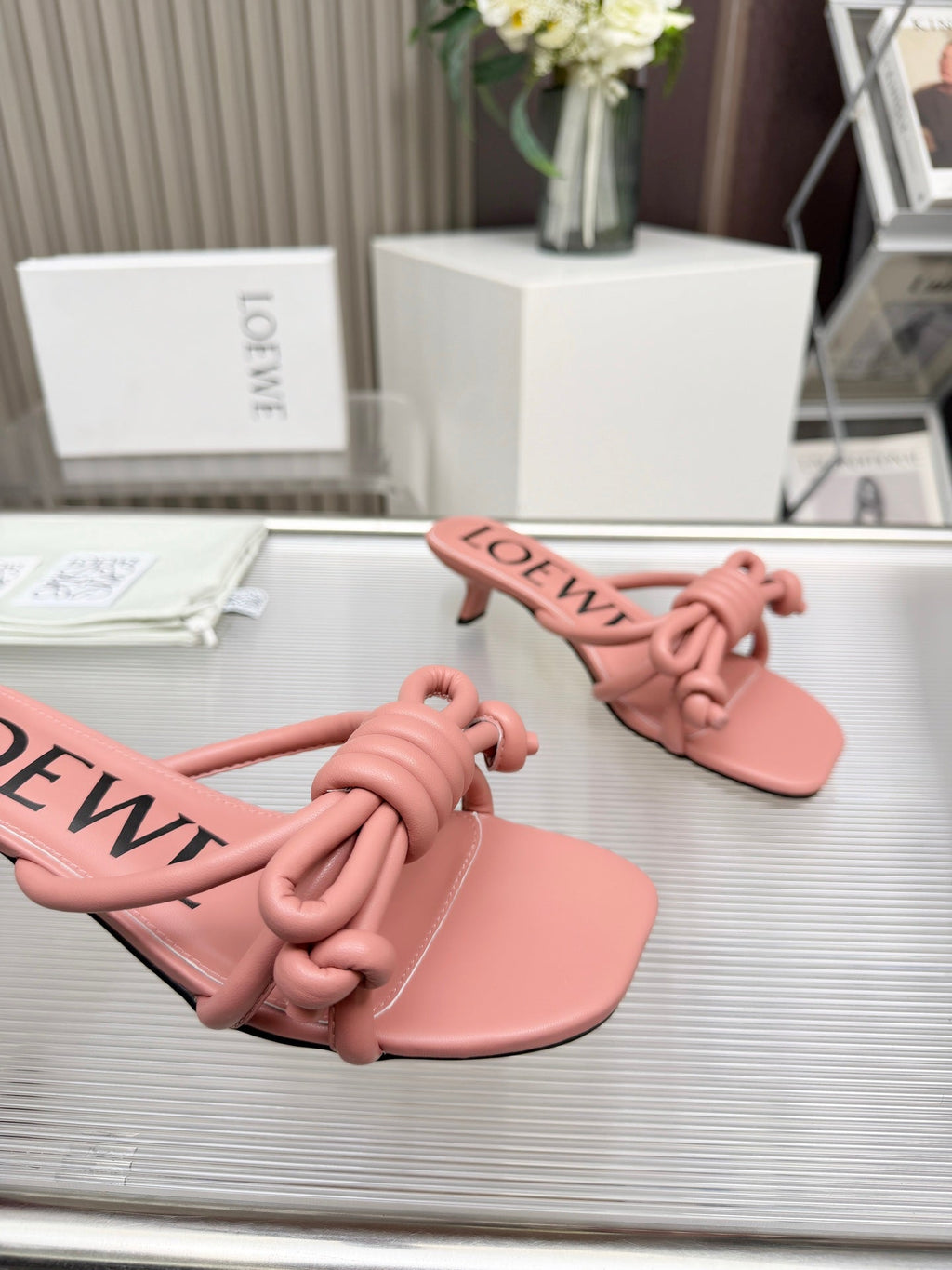 LOEWE 26S KITTEN HEEL KNOT SANDALS 45MM IN PINK CALFSKIN