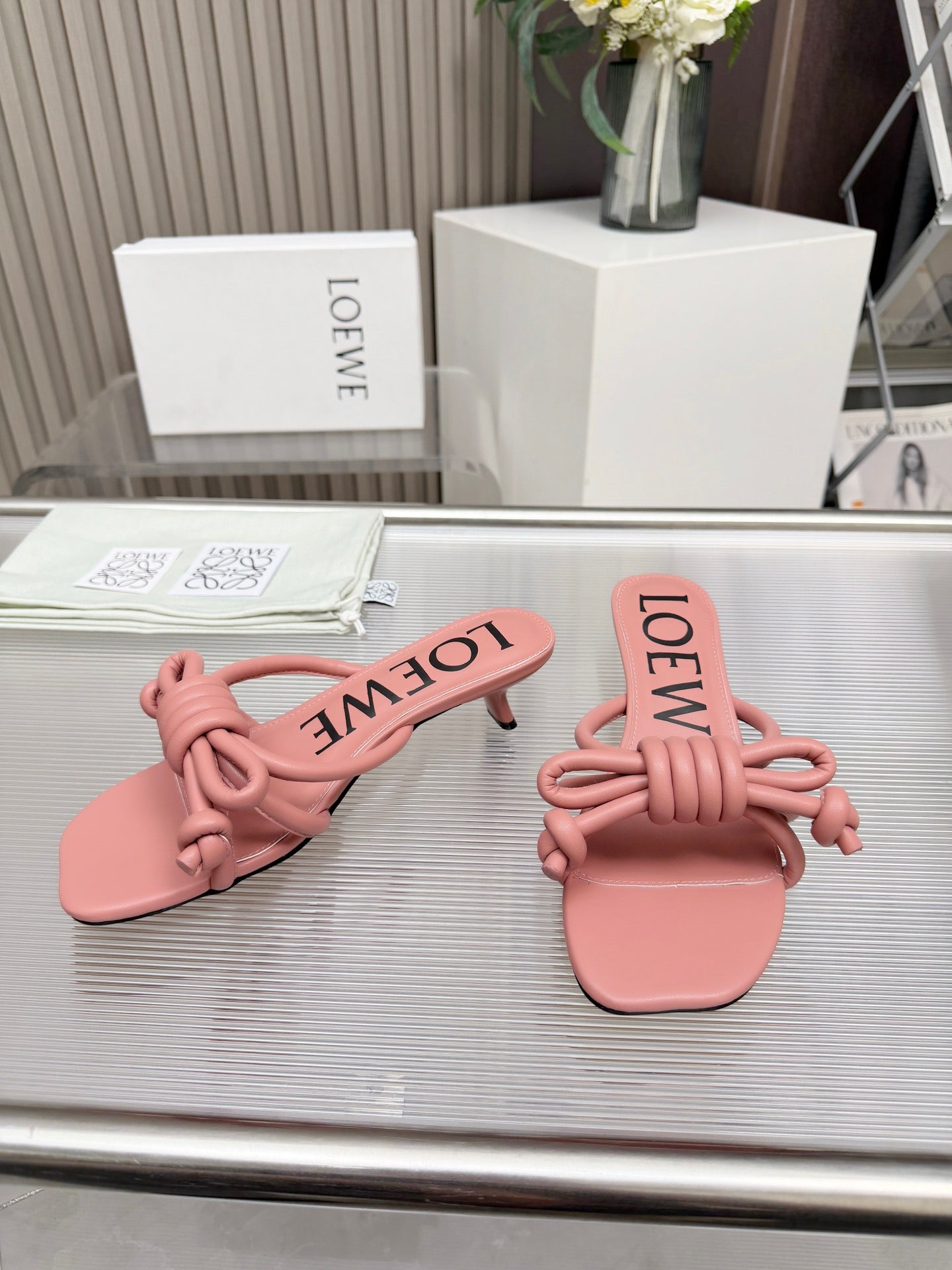LOEWE 26S KITTEN HEEL KNOT SANDALS 45MM IN PINK CALFSKIN