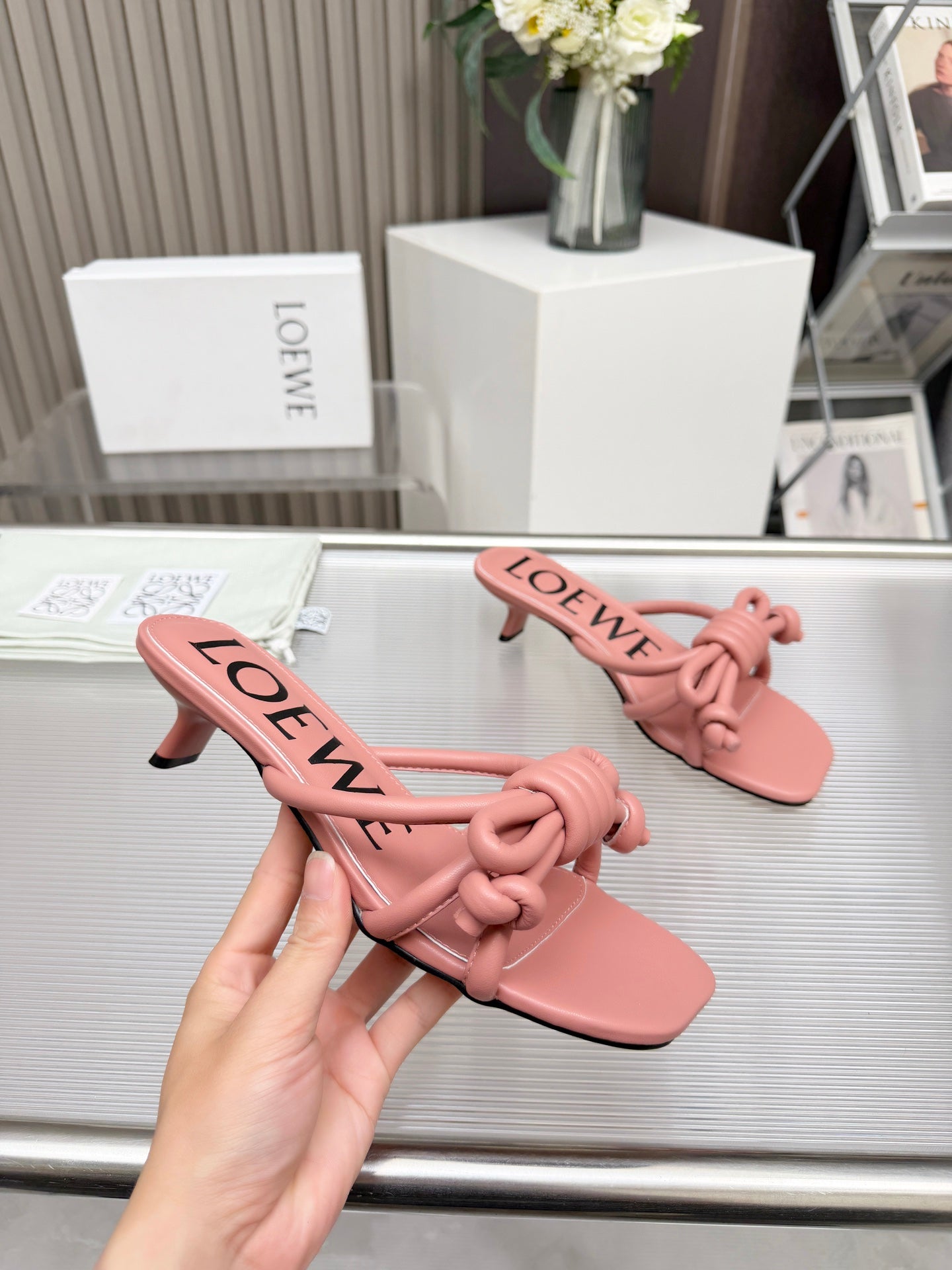 LOEWE 26S KITTEN HEEL KNOT SANDALS 45MM IN PINK CALFSKIN