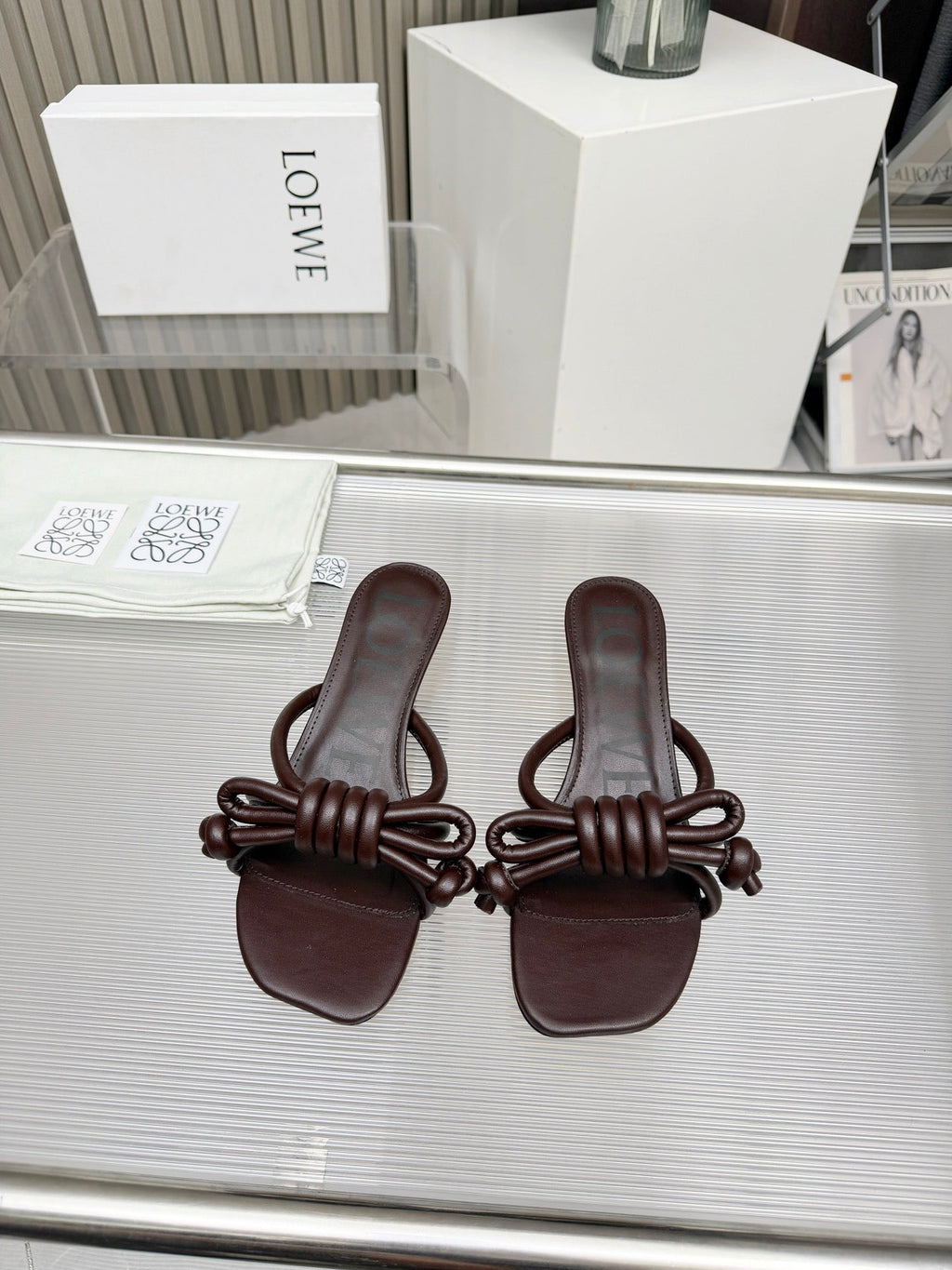 LOEWE 26S KITTEN HEEL KNOT SANDALS 45MM IN DARK BROWN CALFSKIN