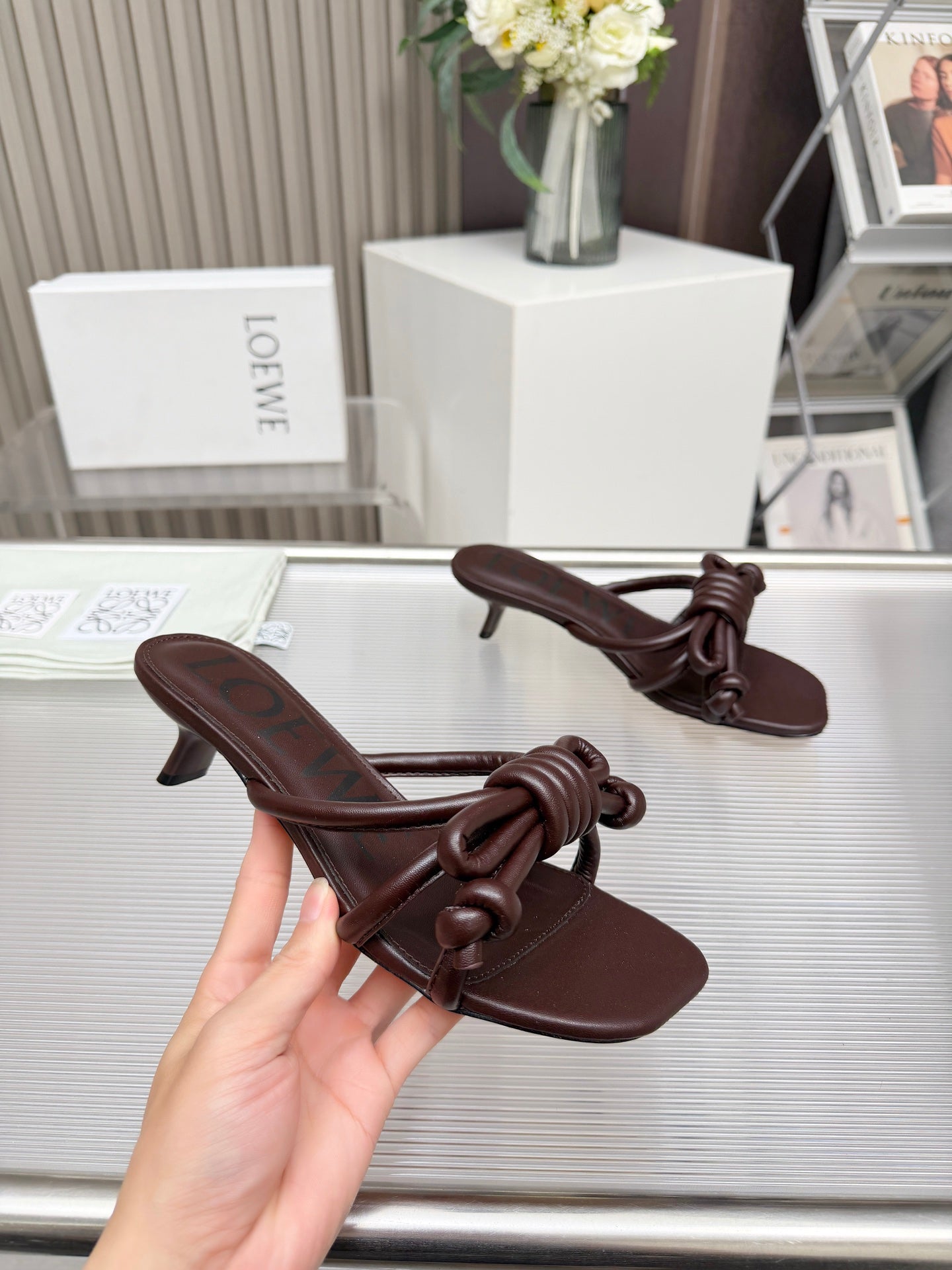 LOEWE 26S KITTEN HEEL KNOT SANDALS 45MM IN DARK BROWN CALFSKIN