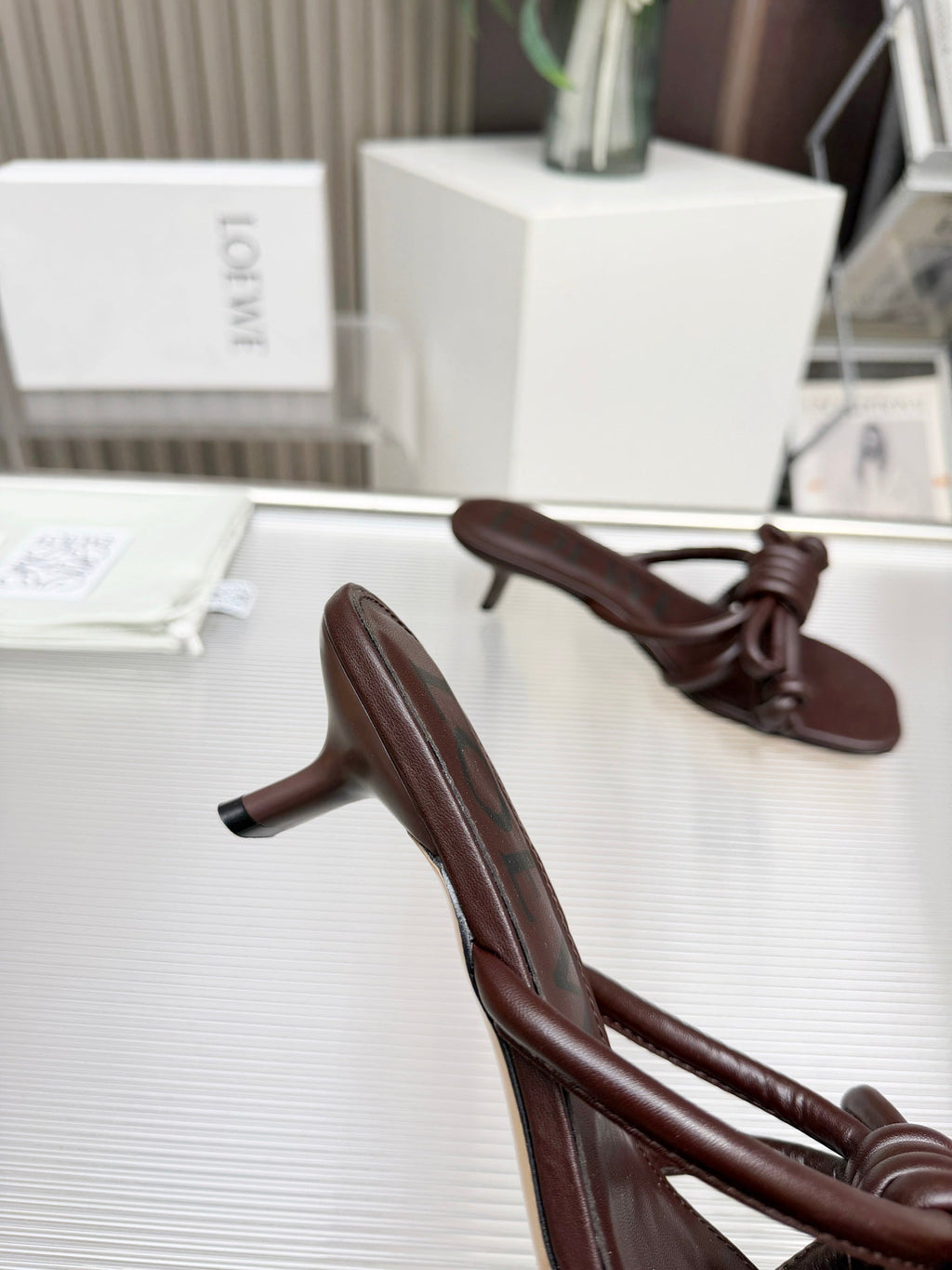 LOEWE 26S KITTEN HEEL KNOT SANDALS 45MM IN DARK BROWN CALFSKIN