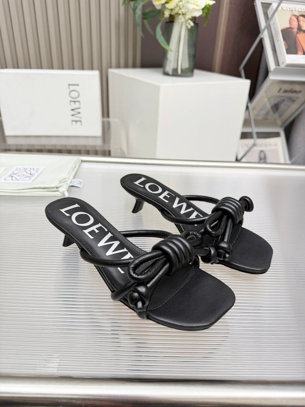 LOEWE 26S KITTEN HEEL KNOT SANDALS 45MM IN BLACK CALFSKIN