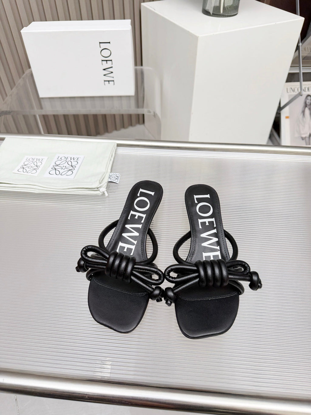 LOEWE 26S KITTEN HEEL KNOT SANDALS 45MM IN BLACK CALFSKIN