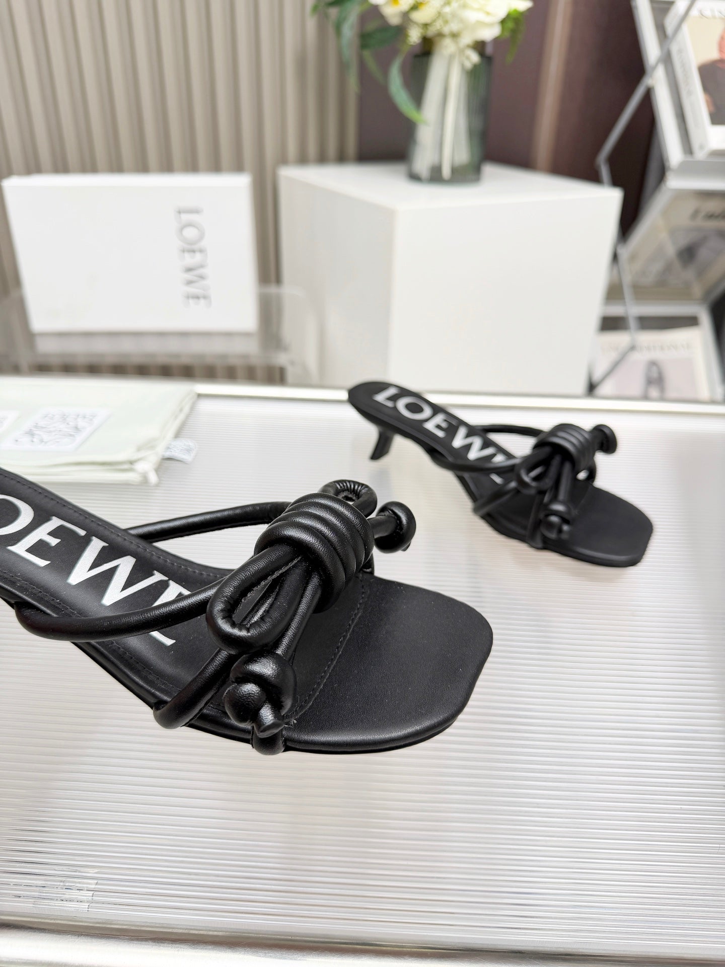 LOEWE 26S KITTEN HEEL KNOT SANDALS 45MM IN BLACK CALFSKIN