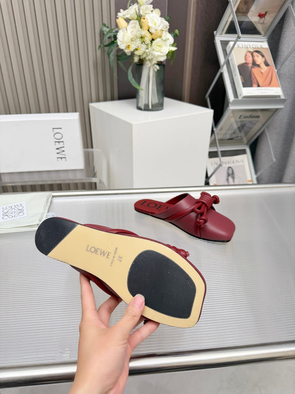 LOEWE 26S MULE LOAFERS IN BURGUNDY RED CALFSKIN KNOT DETAIL