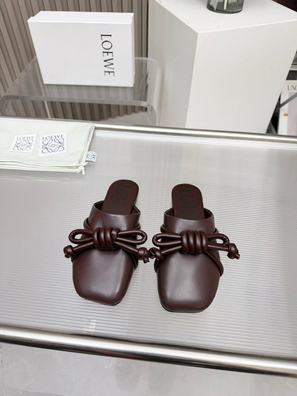 LOEWE 26S MULE LOAFERS IN DARK BROWN CALFSKIN KNOT DETAIL