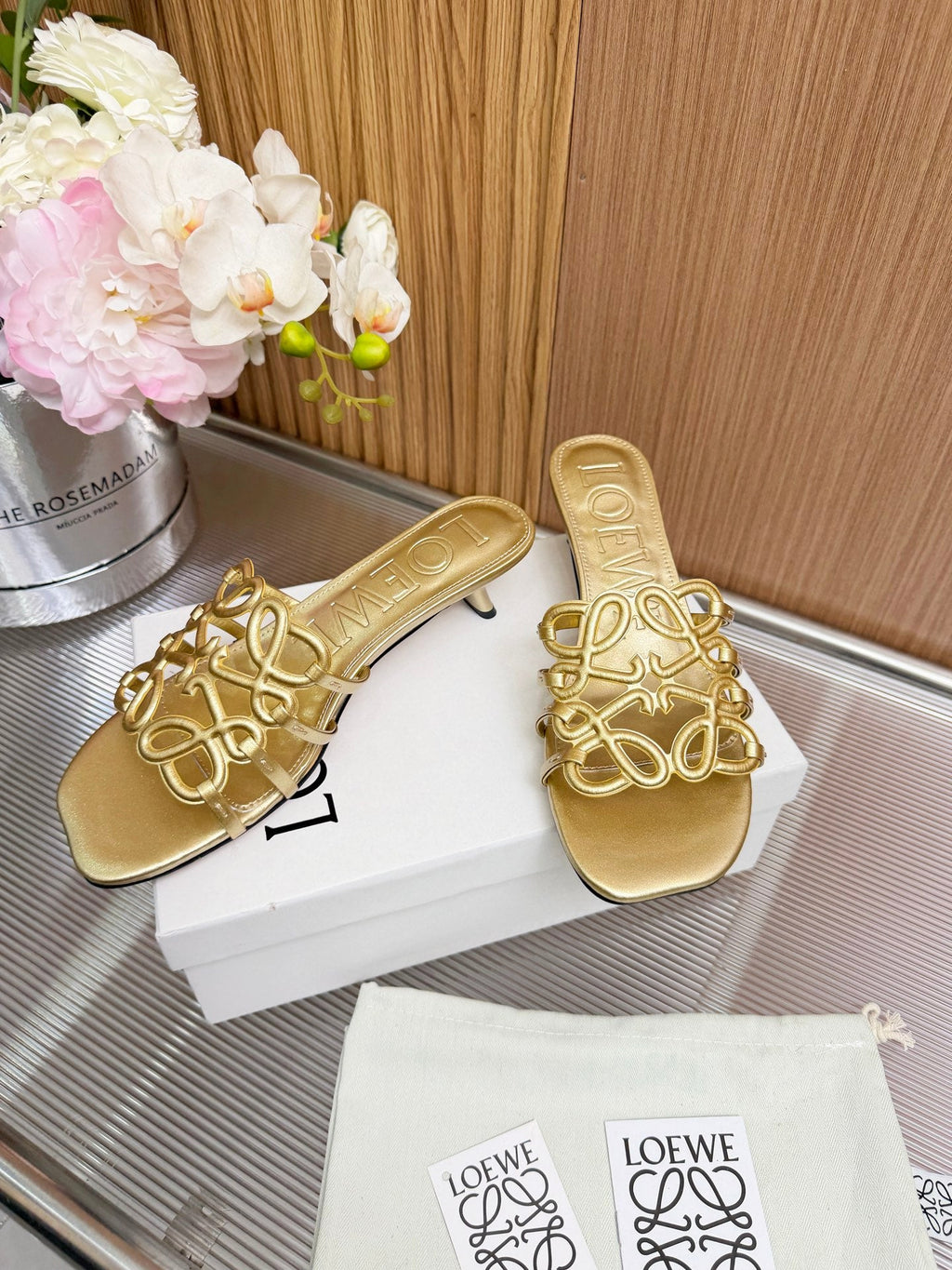 LOEWE 26S PETAL ANAGRAM KITTEN HEEL SANDALS 45MM IN GOLD SOFT CALFSKIN