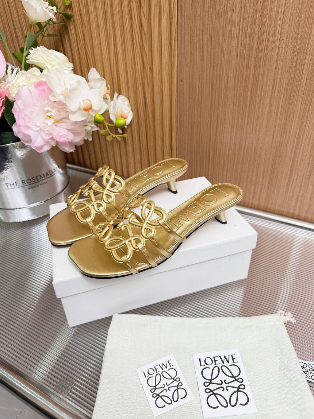 LOEWE 26S PETAL ANAGRAM KITTEN HEEL SANDALS 45MM IN GOLD SOFT CALFSKIN