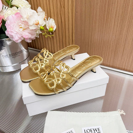 LOEWE 26S PETAL ANAGRAM KITTEN HEEL SANDALS 45MM IN GOLD SOFT CALFSKIN