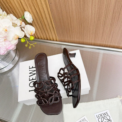 LOEWE 26S PETAL ANAGRAM KITTEN HEEL SANDALS 45MM IN DARK BROWN SOFT CALFSKIN