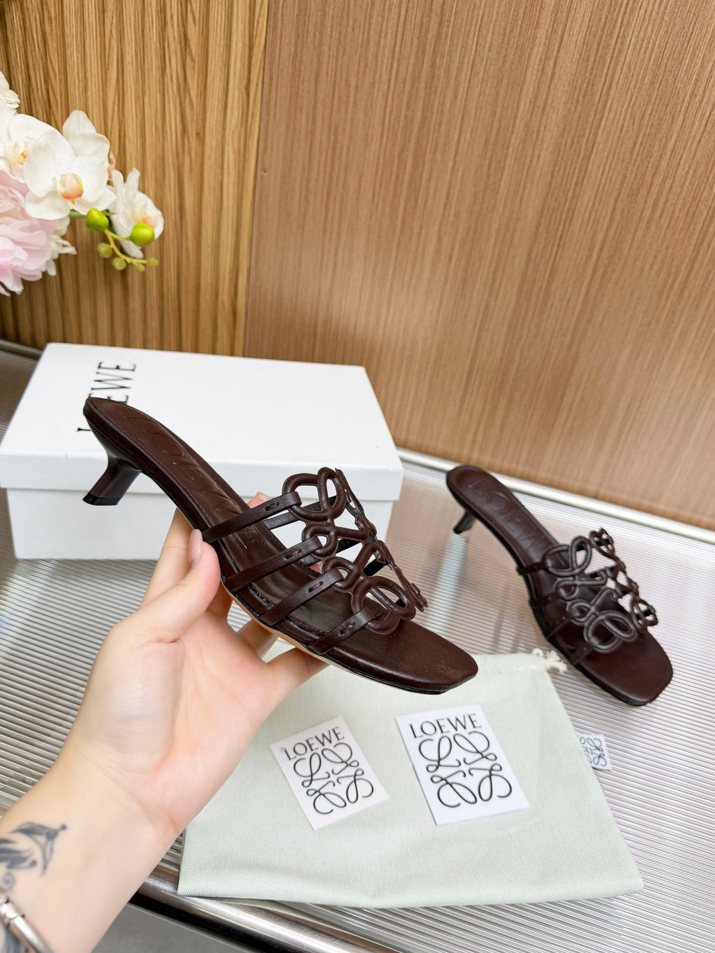 LOEWE 26S PETAL ANAGRAM KITTEN HEEL SANDALS 45MM IN DARK BROWN SOFT CALFSKIN