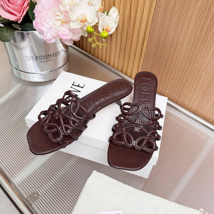LOEWE 26S PETAL ANAGRAM KITTEN HEEL SANDALS 45MM IN DARK BROWN SOFT CALFSKIN