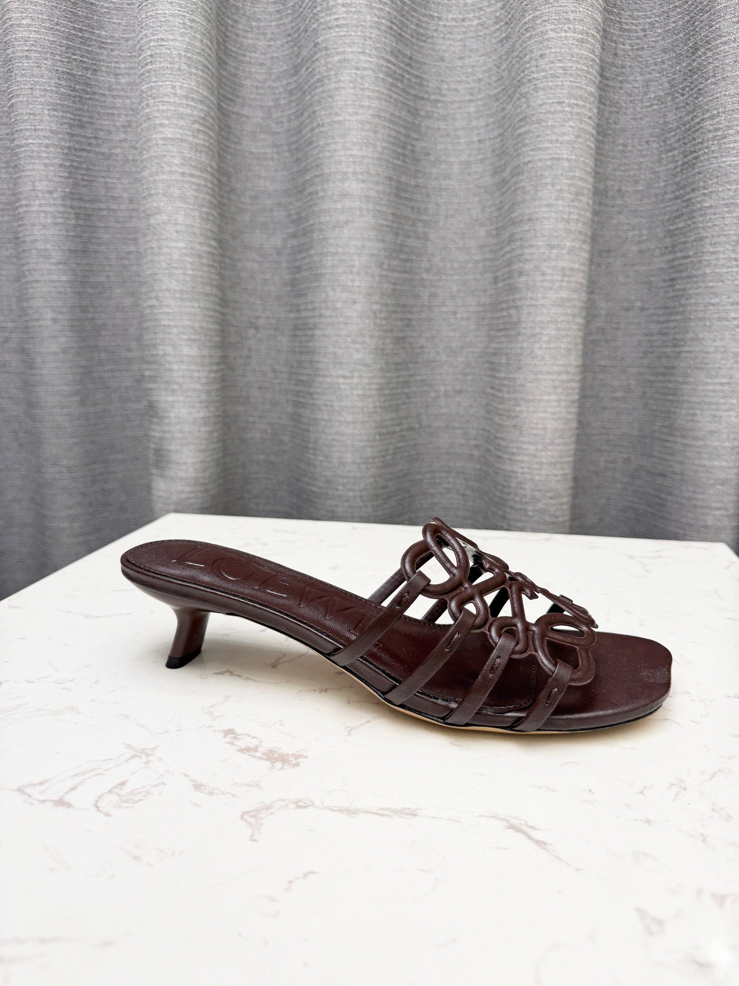 LOEWE 26S PETAL ANAGRAM KITTEN HEEL SANDALS 45MM IN DARK BROWN SOFT CALFSKIN