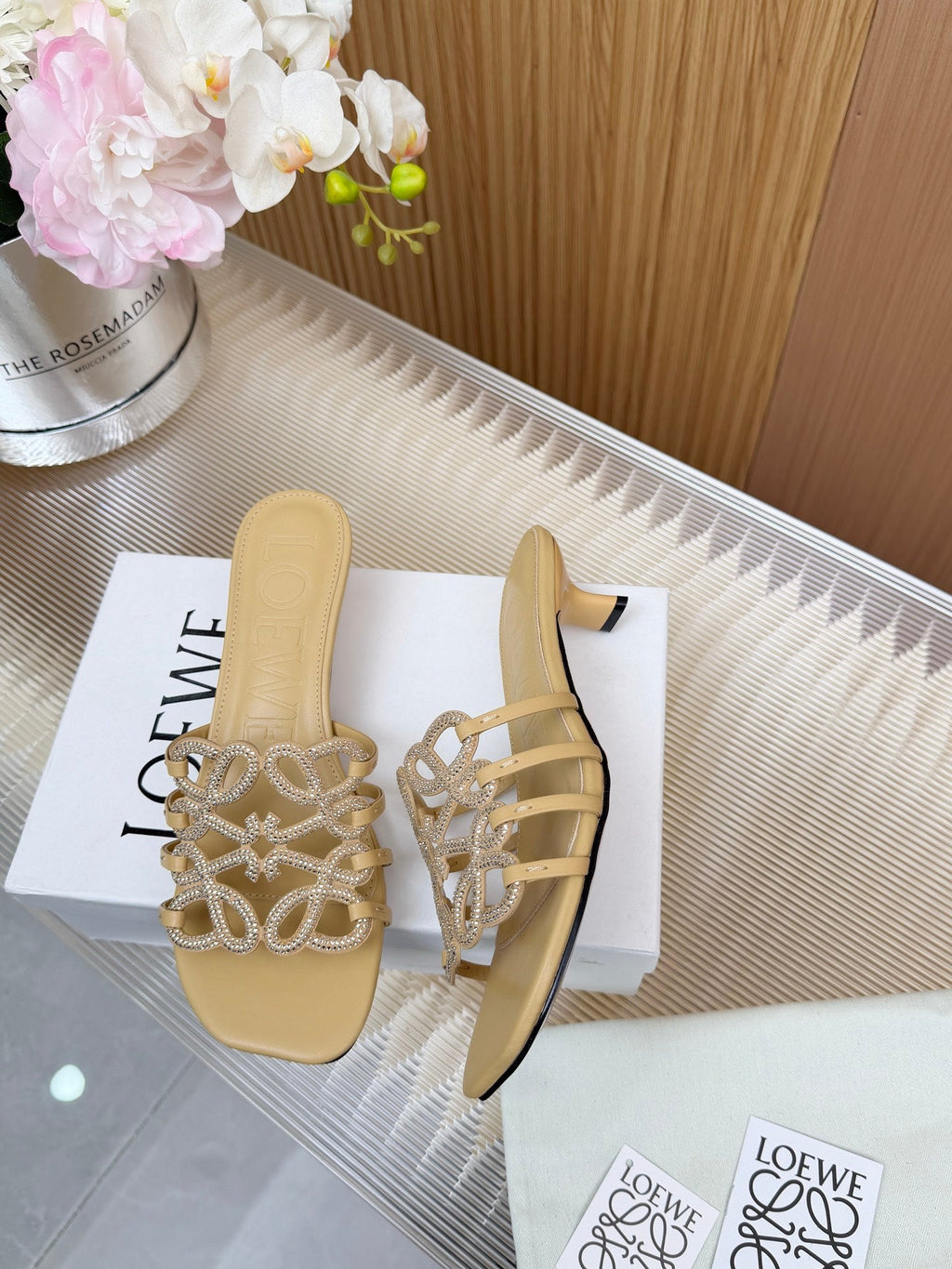 LOEWE 26S PETAL ANAGRAM SLIDE 45MM IN BEIGE SOFT CALFSKIN WITH CRYSTALS