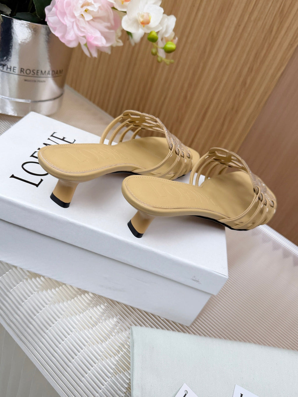 LOEWE 26S PETAL ANAGRAM SLIDE 45MM IN BEIGE SOFT CALFSKIN WITH CRYSTALS