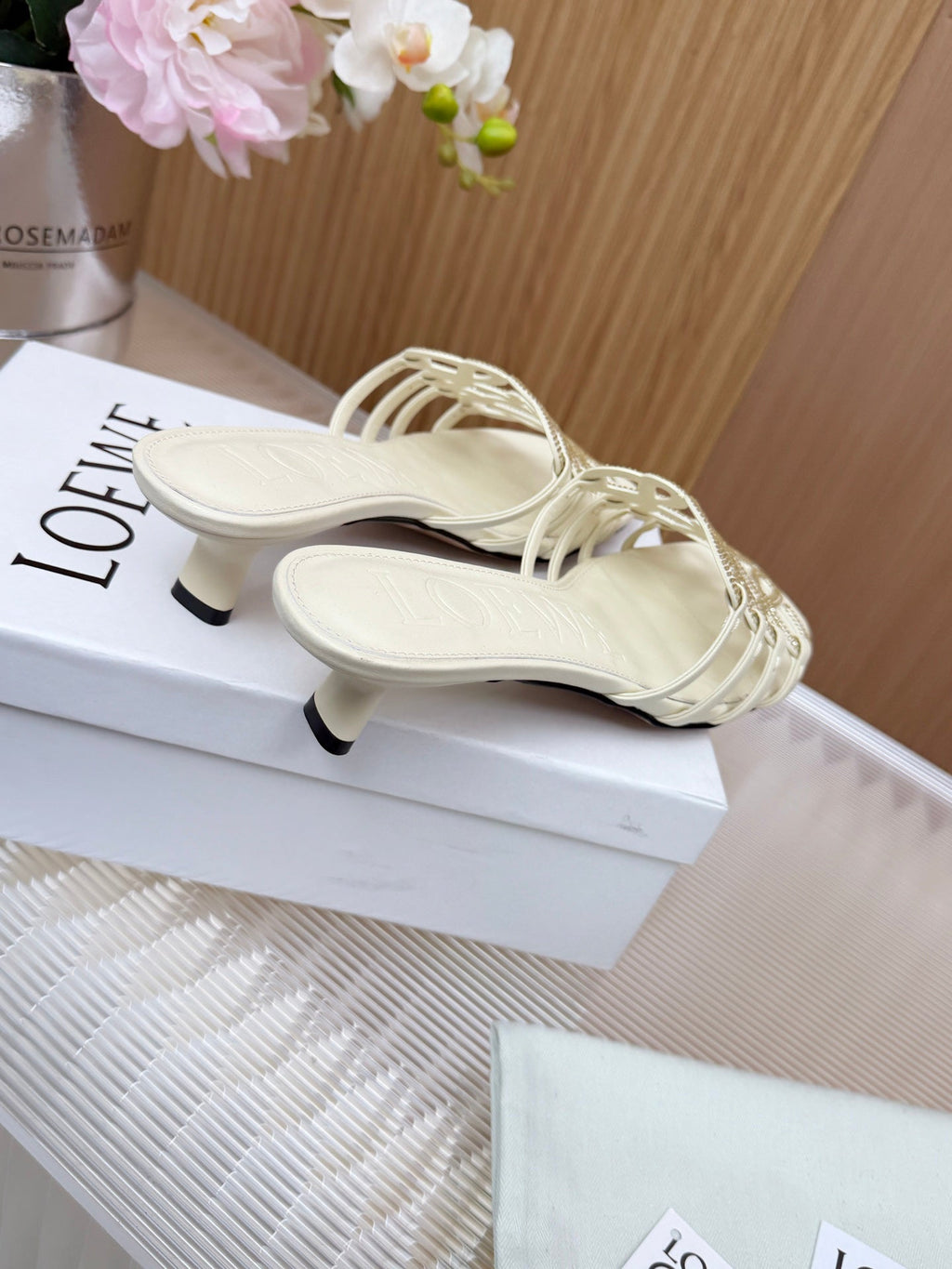 LOEWE 26S PETAL ANAGRAM SLIDE 45MM IN CREAM WHITE SOFT CALFSKIN WITH CRYSTALS