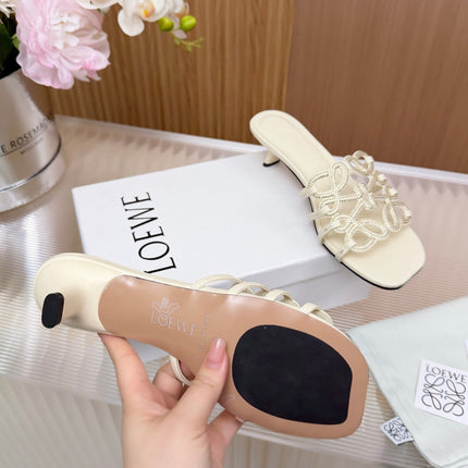 LOEWE 26S PETAL ANAGRAM SLIDE 45MM IN CREAM WHITE SOFT CALFSKIN WITH CRYSTALS