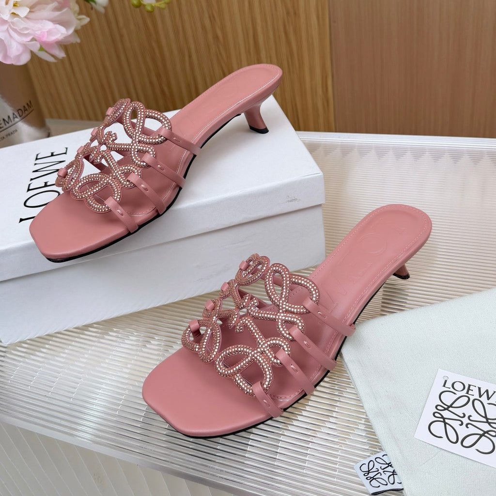 LOEWE 26S PETAL ANAGRAM SLIDE 45MM IN PINK SOFT CALFSKIN WITH CRYSTALS