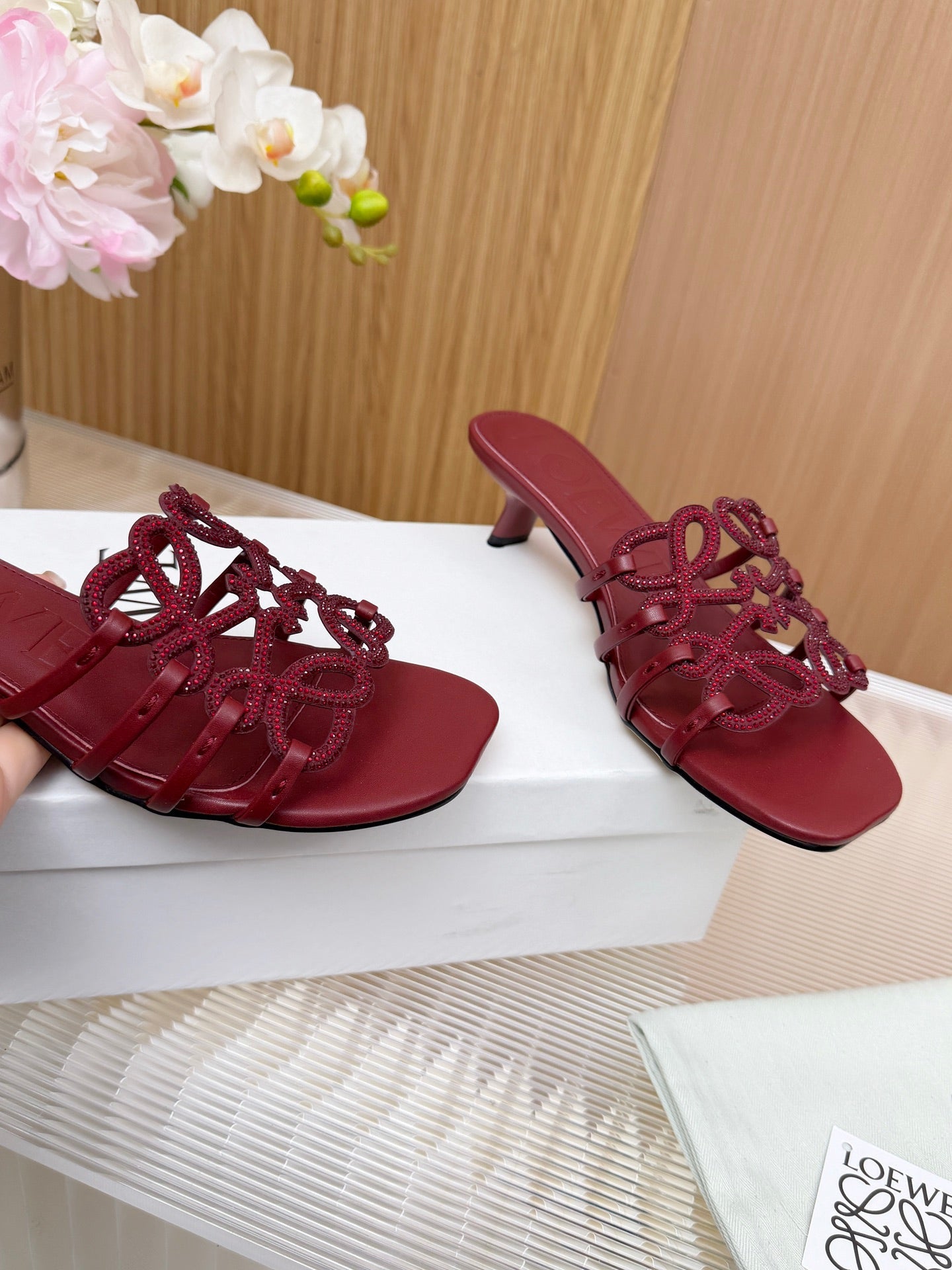 LOEWE 26S PETAL ANAGRAM SLIDE 45MM IN DARK RED SOFT CALFSKIN WITH CRYSTALS