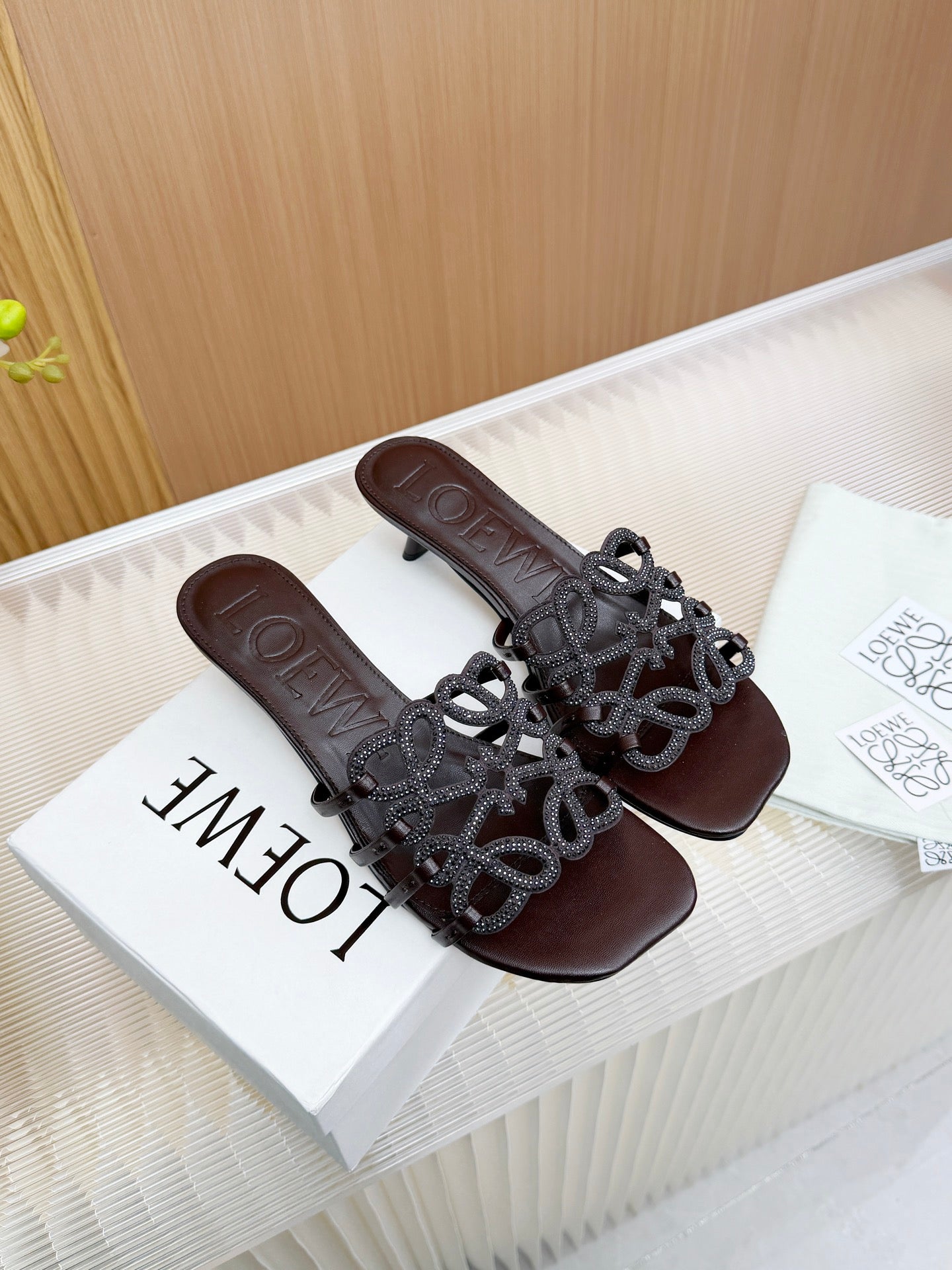 LOEWE 26S PETAL ANAGRAM SLIDE 45MM IN DARK BROWN SOFT CALFSKIN WITH CRYSTALS