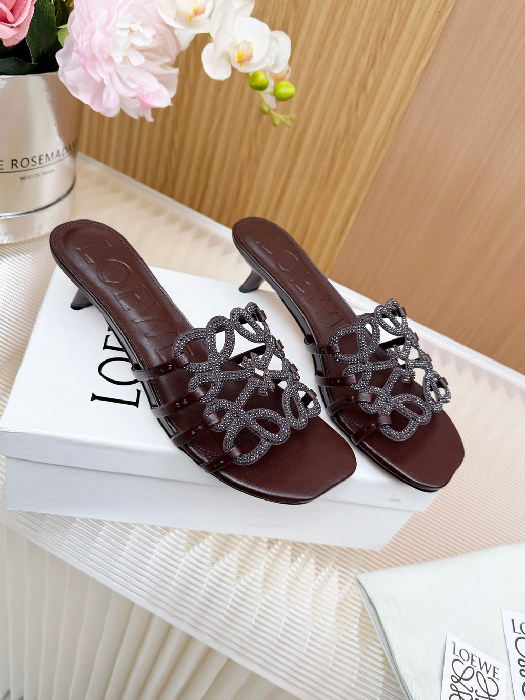 LOEWE 26S PETAL ANAGRAM SLIDE 45MM IN DARK BROWN SOFT CALFSKIN WITH CRYSTALS